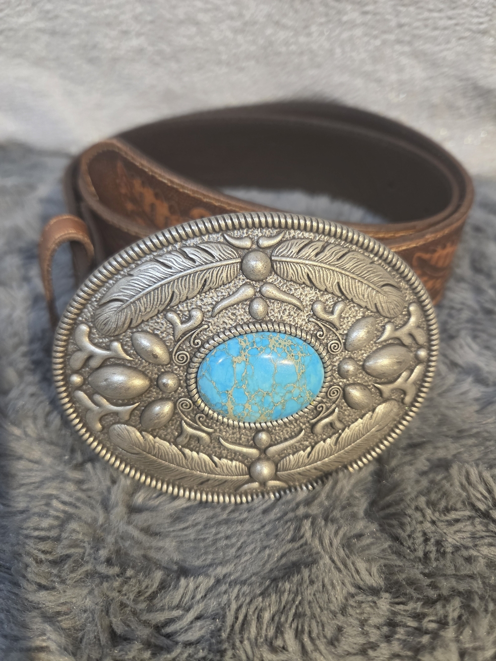 Idyllwind Brown Leather Belt with Turquoise Stone Silver-Tone Buckle